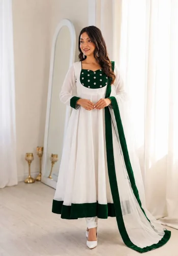 MODERN FENDY SILK EMBROIDERY  SEQUENCE WORK GOWN BOTTOM WITH DUPATTA GREEN AND WHITE
