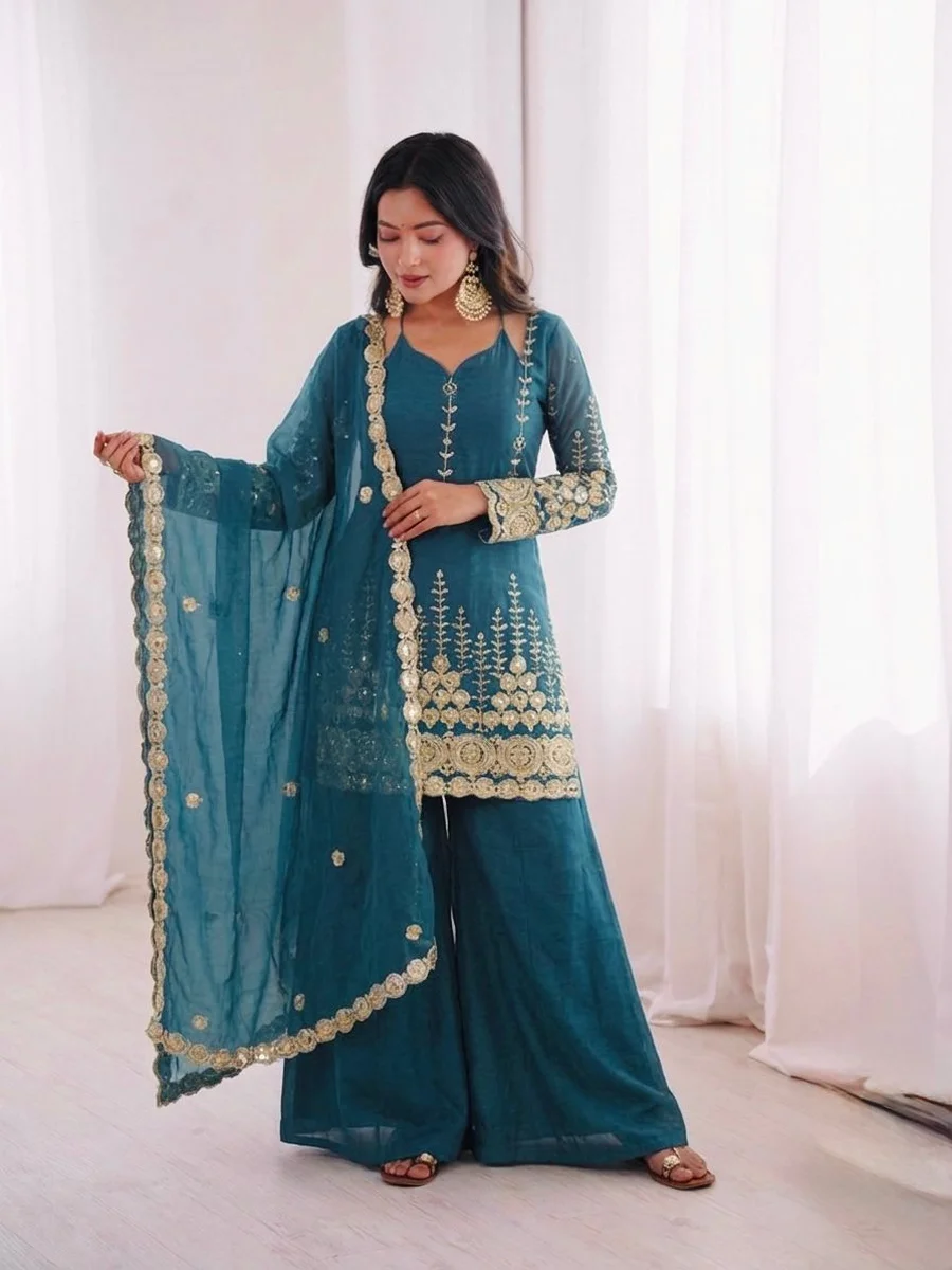 MODERN FENDY SILK EMBROIDERY SEQUENCE WORK TOP PALAZZO WITH DUPATTA FESTIVE WEAR WHOLESALE PRICE ETHNIC GARMENT (2)