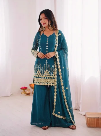 MODERN FENDY SILK EMBROIDERY SEQUENCE WORK TOP PALAZZO WITH DUPATTA TEAL