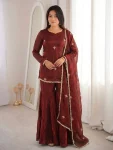 MODERN FENDY SILK EMBROIDERY SEQUENCE WORK TOP SHARARA WITH DUPATTA MAROON