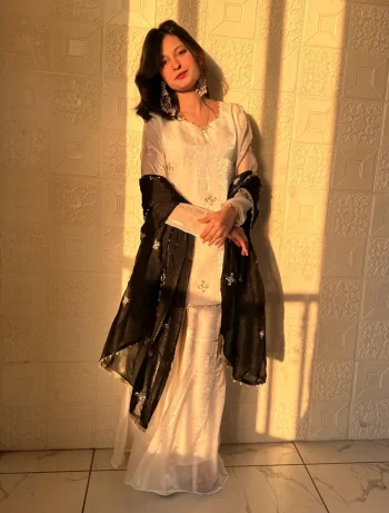 MODERN FENDY SILK EMBROIDERY SEQUENCE WORK TOP SHARARA WITH DUPATTA WHITE AND BLACK