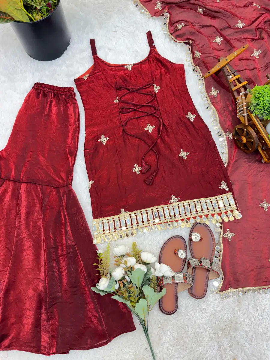 MODERN FENDY SILK EMBROIDERY SEQUENCE WORK WITH REAL MIRROR WORK TOP SHARARA WITH DUPATTA FESTIVE WEAR WHOLESALE PRICE ETHNIC GARMENT (1)