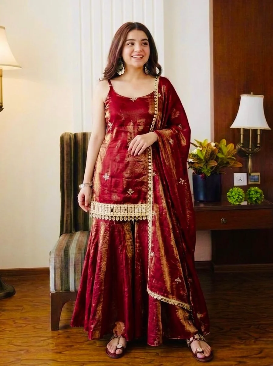 MODERN FENDY SILK EMBROIDERY SEQUENCE WORK WITH REAL MIRROR WORK TOP SHARARA WITH DUPATTA FESTIVE WEAR WHOLESALE PRICE ETHNIC GARMENT (2)