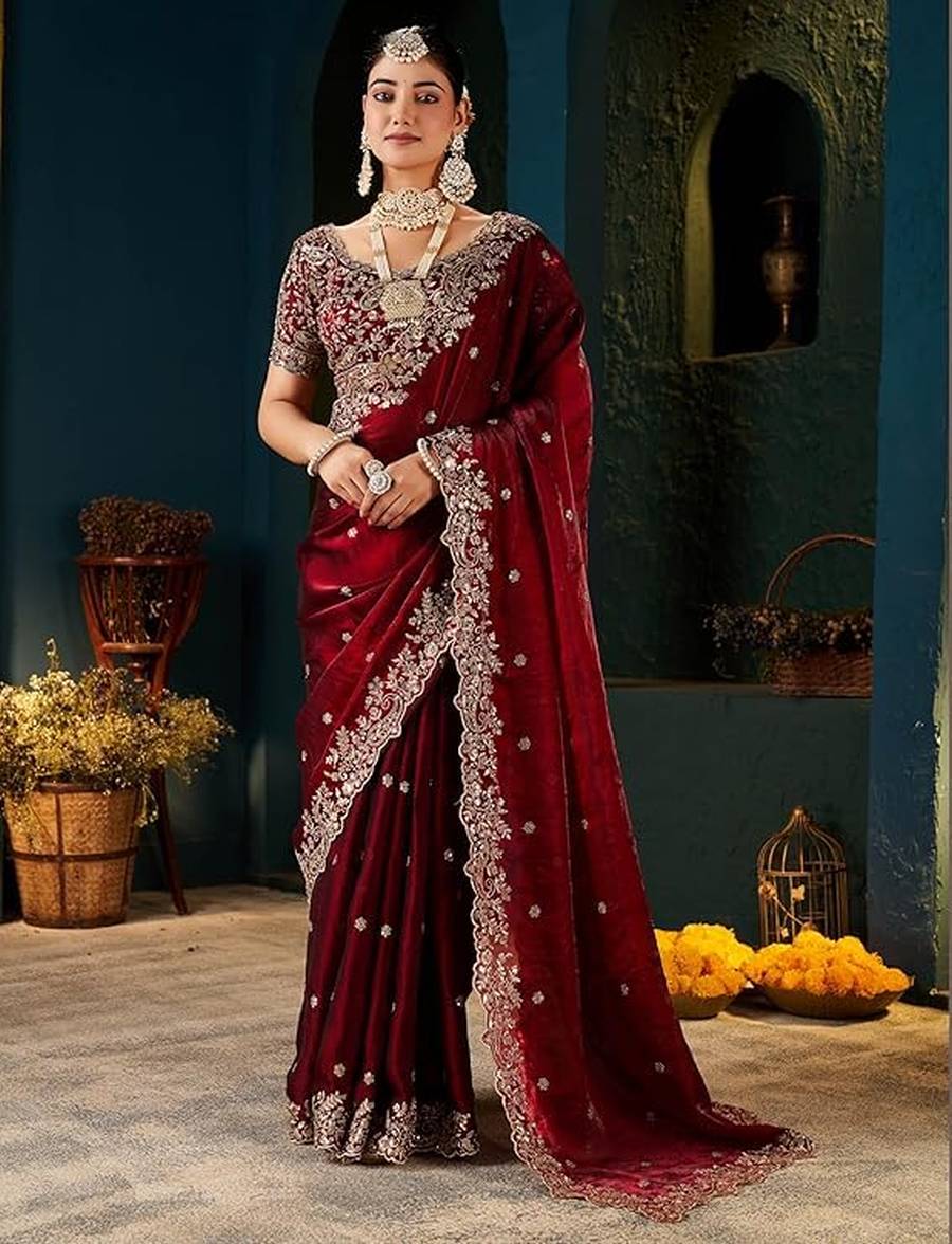 MODERN FENDY SILK EMBROIDERY WORK CUT WORK SAREE WITH UNSTITCHED BLOUSE WEDDING WEAR WHOLESALE PRICE ETHNIC GARMENT (2)