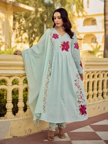 MODERN GEORGETTE BUTTI WITH EMBROIDERY WORK TOP BOTTOM WITH DUPATTA SKY