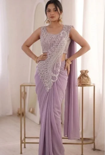 MODERN GEORGETTE EMBROIDERY SEQUENCE WORK READY TO WEAR SAREE WITH STITCHED BLOUSE LAVENDER