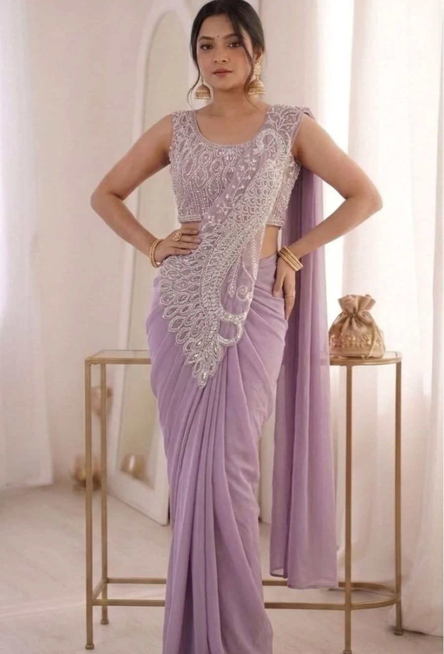 MODERN GEORGETTE EMBROIDERY SEQUENCE WORK READY TO WEAR SAREE WITH STITCHED BLOUSE WEDDING WEAR WHOLESALE PRICE ETHNIC GARMENT (2)