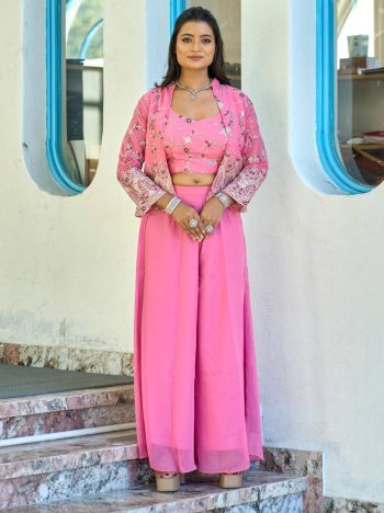 MODERN GEORGETTE FORAL EMBROIDERY WITH SEQUENCE WORK KOTI BLOUSE AND PALAZZO BABY PINK