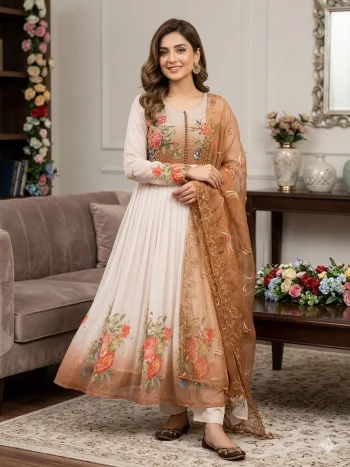 MODERN GEORGETTE HANDWORK GOWN BOTTOM WITH DUPATTA CHIKU