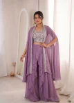 MODERN GEORGETTE PLAIN SHARARA WITH EMBROIDERED WORK BLOUSE AND SHRUG LAVENDER