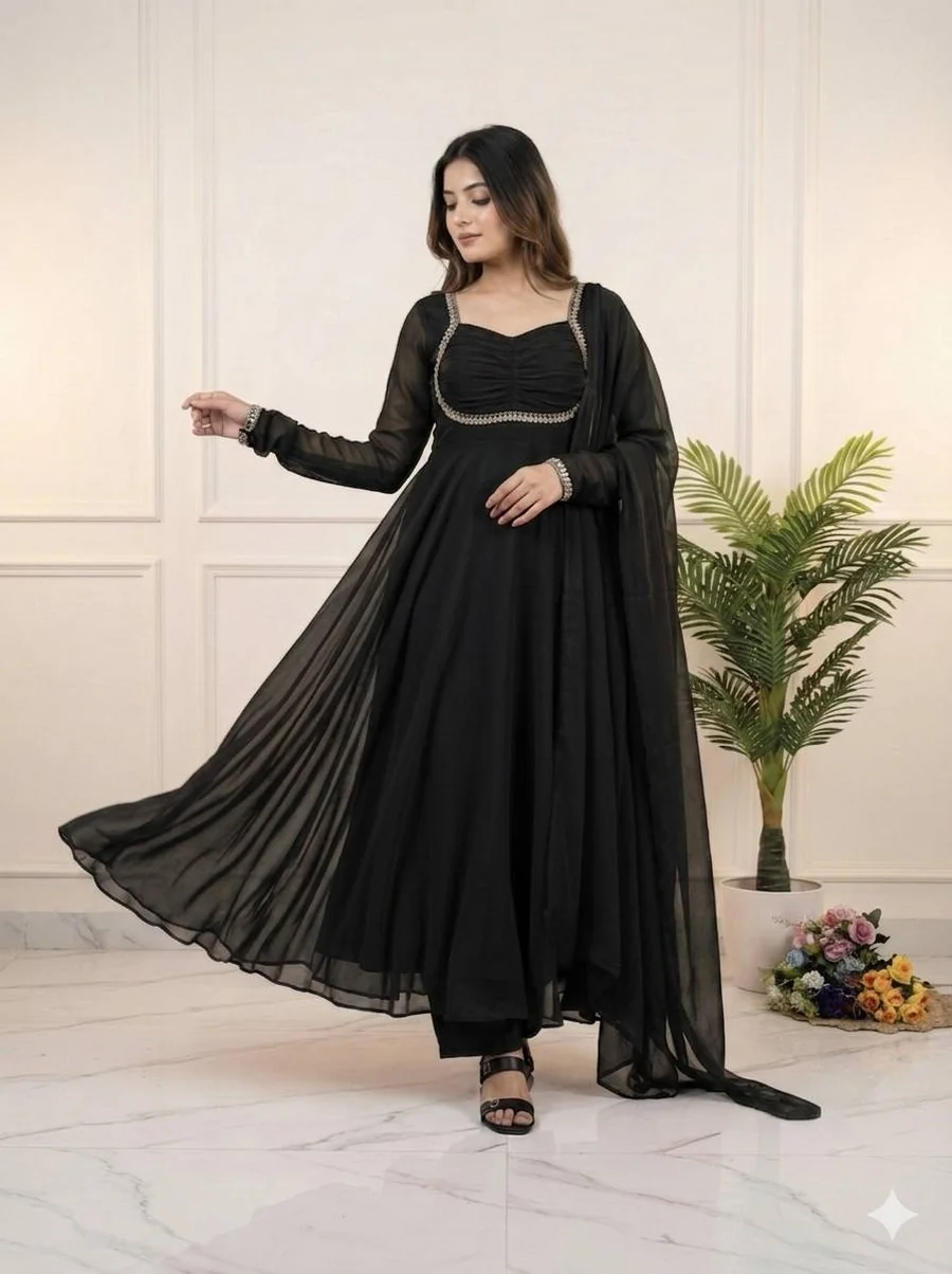 MODERN GEORGETTE RAMBO SEQUENCE EMBROIDERY MOTI WORK GOWN BOTTOM WITH DUPATTA FESTIVE WEAR WHOLESALE PRICE ETHNIC GARMENT (5)
