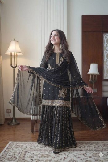 MODERN GEORGETTE SEQUENCE EMBROIDERY BEADS WORK TOP SHARARA WITH DUPATTA BLACK