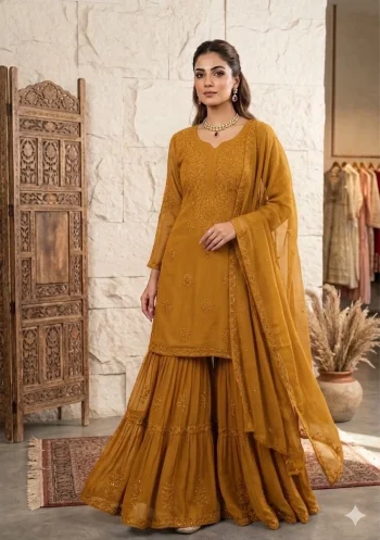 MODERN GEORGETTE SEQUENCE EMBROIDERY WORK TOP SHARARA WITH DUPATTA YELLOW