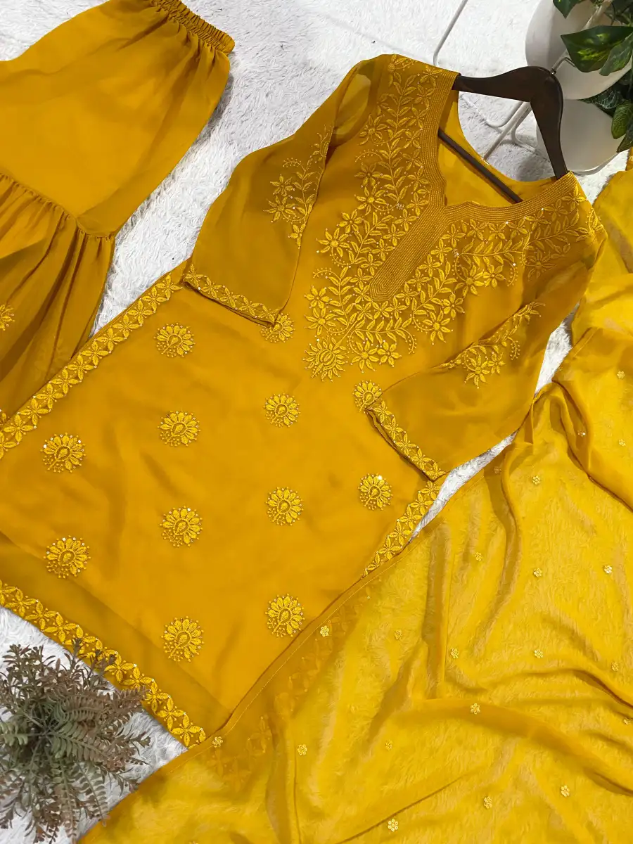 MODERN GEORGETTE SEQUENCE EMBROIDERY WORK TOP SHARARA WITH DUPATTA FESTIVE WEAR WHOLESALE PRICE ETHNIC GARMENT (5)