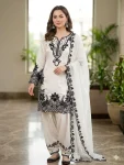 MODERN GLASS ROMAN SEQUENCE EMBROIDERY WITH CUT WORK TOP PATIYALA WITH DUPATTA WHITE AND BLACK