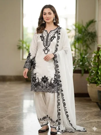 MODERN GLASS ROMAN SEQUENCE EMBROIDERY WITH CUT WORK TOP PATIYALA WITH DUPATTA WHITE AND BLACK