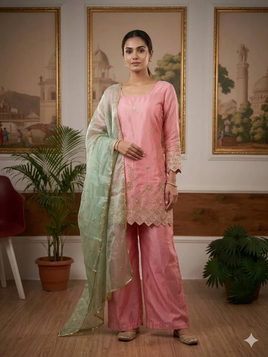 MODERN GMY SATIN EMBROIDERY WORK TOP PALAZZO WITH DUPATTA FESTIVE WEAR WHOLESALE PRICE ETHNIC GARMENT (2)
