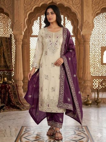MODERN GMY SILK EMBROIDERY SEQUENCE WORK TOP PALAZZO WITH DUPATTA CREAM AND PURPLE