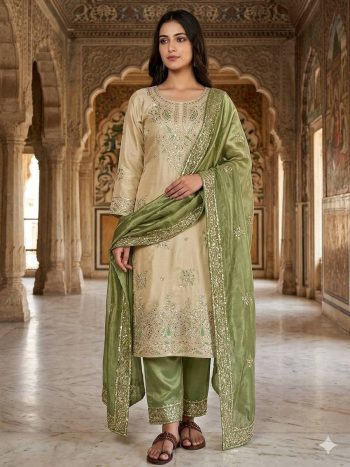 MODERN GMY SILK EMBROIDERY SEQUENCE WORK TOP PALAZZO WITH DUPATTA CREAM AND GREEN