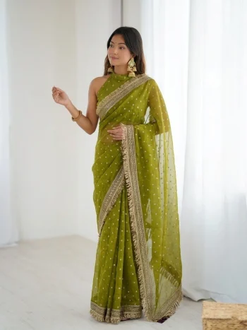 MODERN JACQUARD BUTTI SILK FANCY LACE BORDER WORK SAREE WITH UNSTITCHED BLOUSE PARROT GREEN