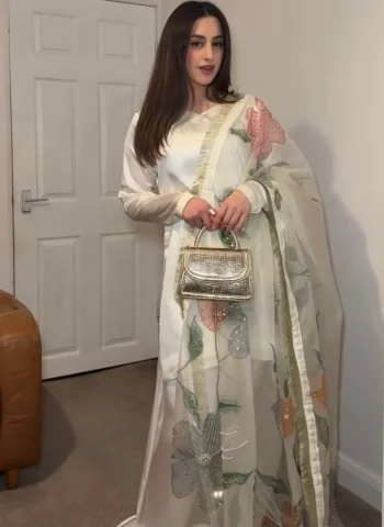 MODERN JAPAN SATIN SILK PLAIN WORK TOP PATIYALA WITH DUPATTA WHITE