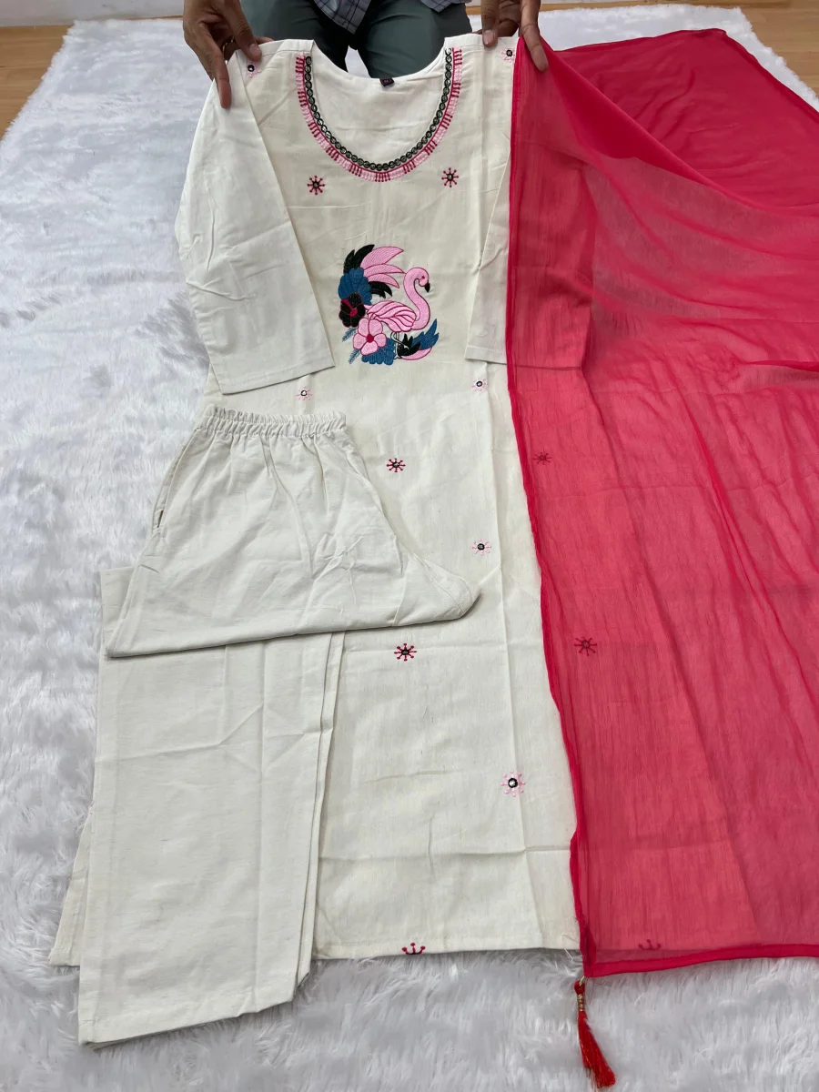 MODERN KHADI COTTON EMBROIDERY WORK TOP BOTTOM WITH DUPATTA FESTIVE WEAR WHOLESALE PRICE ETHNIC GARMENT (1)