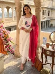 MODERN KHADI COTTON EMBROIDERY WORK TOP BOTTOM WITH DUPATTA OFF WITE AND RANI