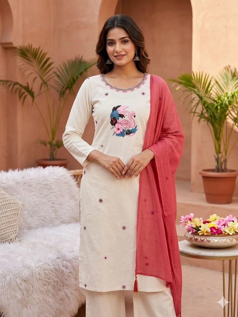 MODERN KHADI COTTON EMBROIDERY WORK TOP BOTTOM WITH DUPATTA FESTIVE WEAR WHOLESALE PRICE ETHNIC GARMENT (5)