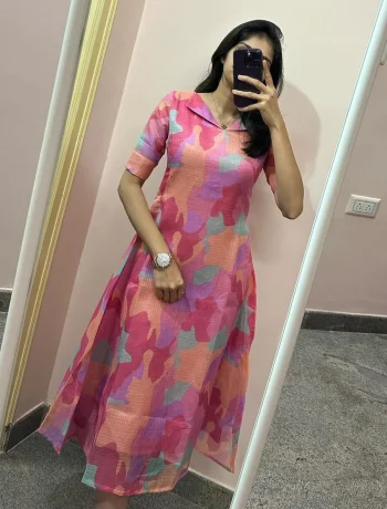 MODERN KOTA DORIA PRINT WORK ONE PIECE DRESS PINK