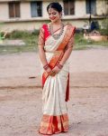 MODERN LICHI SILK JACQUARD WORK SAREE WITH UNSTITCHED BLOUSE CREAM AND RED