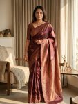 MODERN LICHI SILK WEAVING WORK SAREE WITH UNSTITCHED BLOUSE BROWN