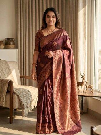 MODERN LICHI SILK WEAVING WORK SAREE WITH UNSTITCHED BLOUSE BROWN