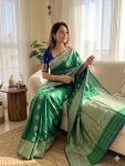 MODERN LICHI SILK WEAVING WORK SAREE WITH UNSTITCHED BLOUSE GREEN