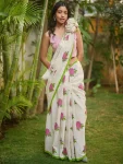MODERN LINEN COTTON FLOWERS DIGITAL PRINTED WORK SAREE WITH UNSTITCHED BLOUSE FESTIVE WEAR WHOLESALE PRICE ETHNIC GARMENT (6)