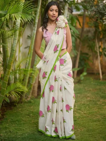MODERN LINEN COTTON FLOWERS DIGITAL PRINTED WORK SAREE WITH UNSTITCHED BLOUSE CREAM