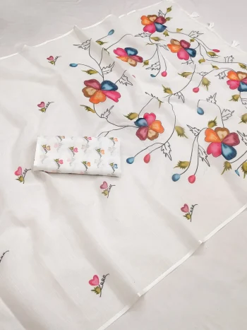 MODERN LINEN COTTON PRINTED WITH TASSELS WORK SAREE WITH UNSTITCHD BLOUSE OFF WHITE AND RED