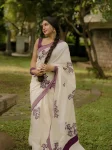 MODERN LINEN COTTON SILVER PATTA WEAVING WITH DIGITAL PRINT WORK SAREE WITH UNSTITCHED BLOUSE WINE AND OFF WHITE