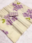 MODERN LINEN TISSUE SILK FLORAL PRINT WORK SAREE WITH UNSTITCHED BLOUSE CREAM AND LAVENDER