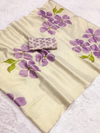 MODERN LINEN TISSUE SILK FLORAL PRINT WORK SAREE WITH UNSTITCHED BLOUSE CREAM AND LAVENDER