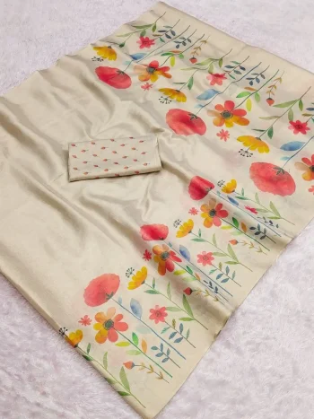 MODERN LINEN TISSUE SILK FLORAL PRINT WORK SAREE WITH UNSTITCHED BLOUSE CREAM AND RANI