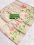 MODERN LINEN TISSUE SILK FLORAL PRINT WORK SAREE WITH UNSTITCHED BLOUSE CREAM AND GREEN