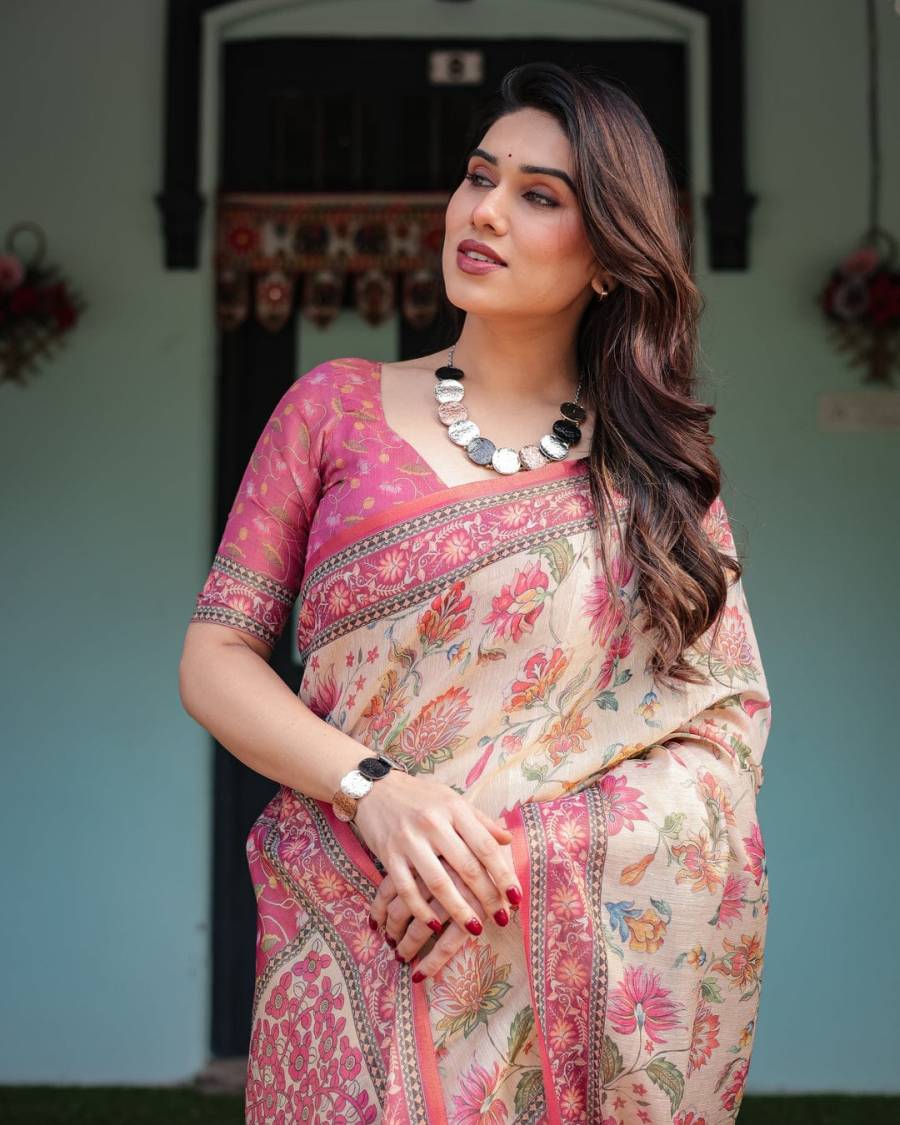MODERN LINEN TISSUE SILK PRINT WORK SAREE WITH UNSTITCHED BLOUSE FESTIVE WEAR WHOLESALE PRICE ETHNIC GARMENT (4)