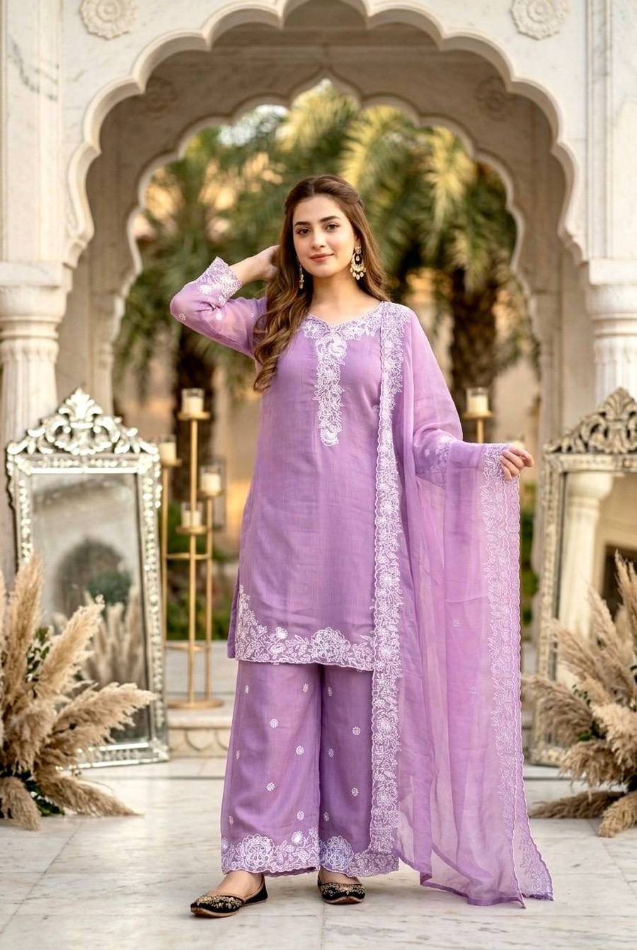 MODERN MUL CHANDERI EMBROIDERY SEQUENCE WORK TOP PALAZZO WITH DUPATTA FESTIVE WEAR WHOLESALE PRICE ETHNIC GARMENT (5)