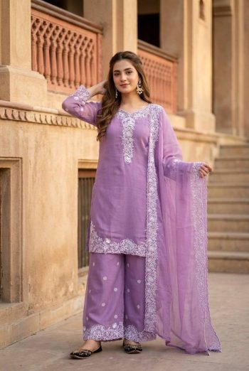 MODERN MUL CHANDERI EMBROIDERY SEQUENCE WORK TOP PALAZZO WITH DUPATTA LAVENDER