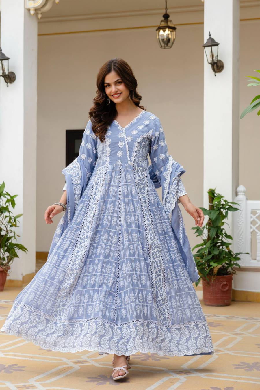 MODERN MUL COTTON LAKHNOWI WORK GOWN BOTTOM WITH DUPATTA FESTIVE WEAR WHOLESALE PRICE ETHNIC GARMENT (12)
