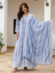 MODERN MUL COTTON LAKHNOWI WORK GOWN BOTTOM WITH DUPATTA LAVENDER