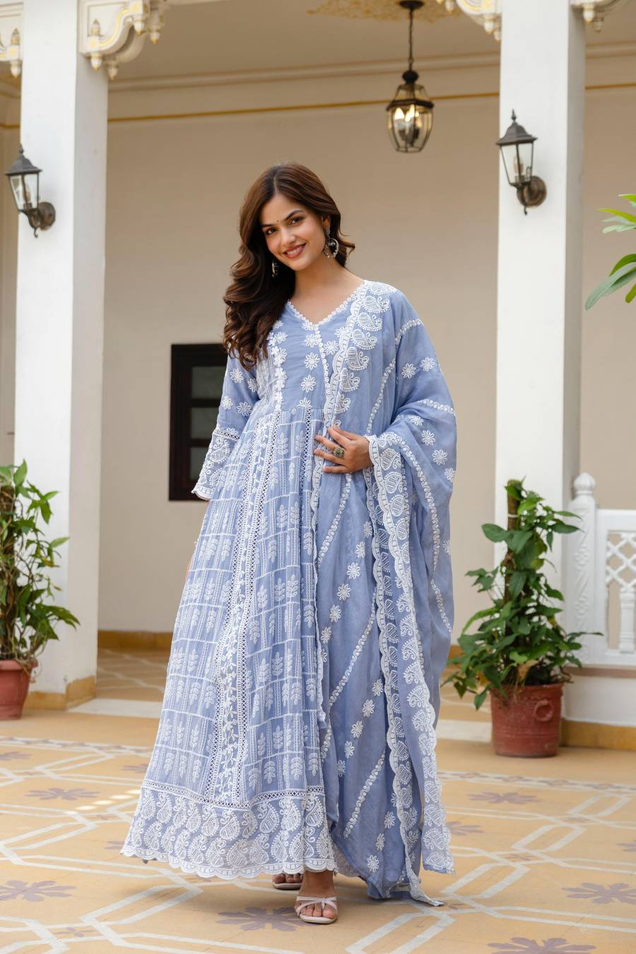 MODERN MUL COTTON LAKHNOWI WORK GOWN BOTTOM WITH DUPATTA FESTIVE WEAR WHOLESALE PRICE ETHNIC GARMENT (18)