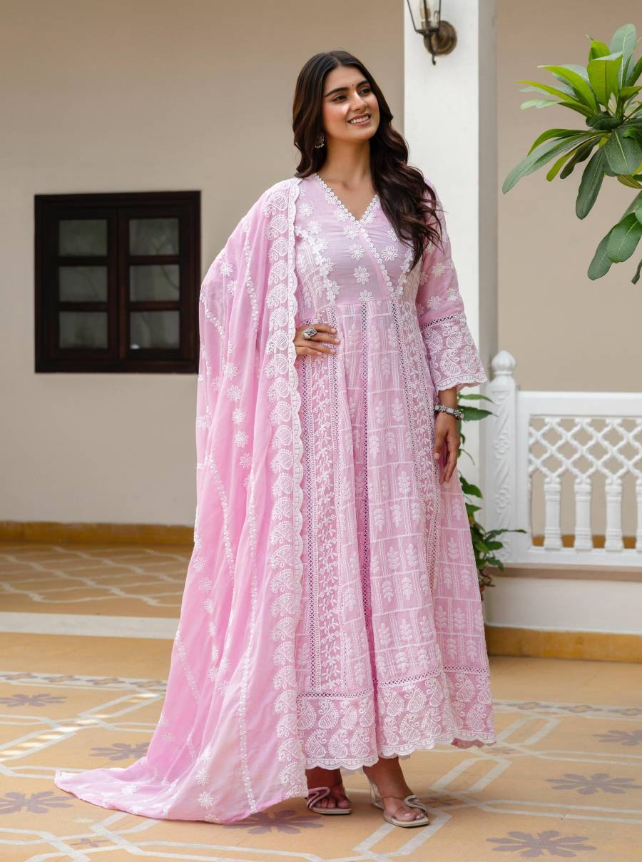 MODERN MUL COTTON LAKHNOWI WORK GOWN BOTTOM WITH DUPATTA FESTIVE WEAR WHOLESALE PRICE ETHNIC GARMENT (9)