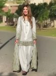 MODERN NATURAL CREPE SILK EMBROIDERY CODING SEQUENCE WORK WITH FANCY LACE AND LATKAN WORK TOP PATIYALA WITH DUPATTA GREEN