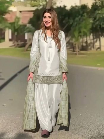 MODERN NATURAL CREPE SILK EMBROIDERY  CODING SEQUENCE WORK WITH FANCY LACE AND LATKAN WORK TOP PATIYALA WITH DUPATTA GREEN